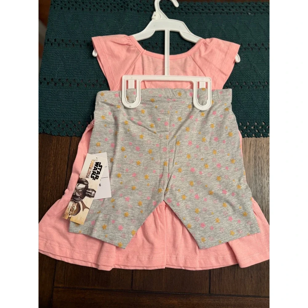 Star Wars Mandalorian Grogu Baby Yoda Pink Tunic & Star Shorts Set Girls Size 6